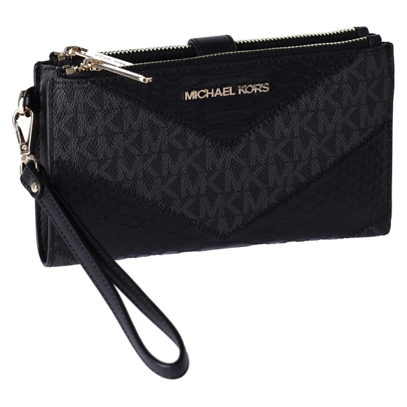 Michael Kors Jet Set Travel Large Double Zip Wallet MK Black Multi Python - Picture 1 of 5